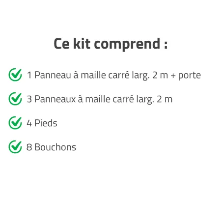 Kit chenil maille carrée avec porte et panneaux 2 m