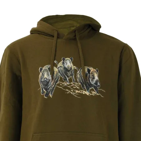 Sweat à capuche 3 sangliers coton polyester kaki M à 3XL