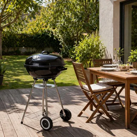 Barbecue mobile Ø46 cm avec roues - Grille chromée et bol émaillé