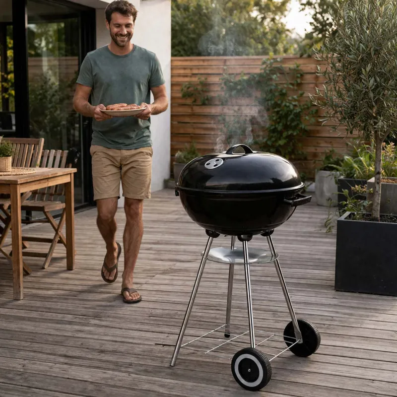 Barbecue mobile Ø46 cm avec roues - Grille chromée et bol émaillé