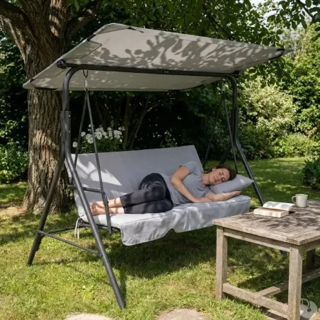 Balancelle d'extérieur 3 places noire et blanche avec toit ajustable