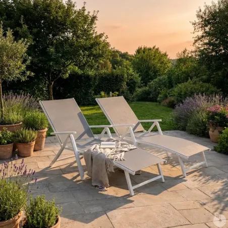 Chaise longue aluminium blanche 175x66cm en toile textilène