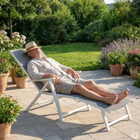 Chaise longue aluminium blanche 175x66cm en toile textilène