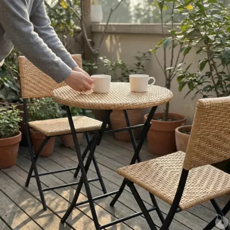 Ensemble Bistrot Table Ronde Ø61cm + 2 Chaises en Osier - Acier Noir