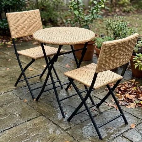 Ensemble Bistrot Table Ronde Ø61cm + 2 Chaises en Osier - Acier Noir