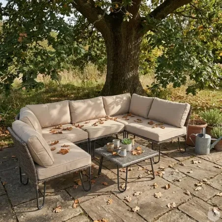 Ensemble Family - Canapé d'angle modulable 3 places + table basse en acier et polyester