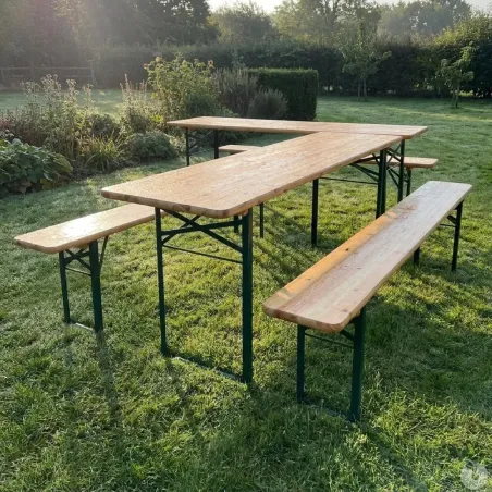 Lot de 2 Tables Extérieure en Pin Massif 177 cm avec 4 Bancs Bois / métal