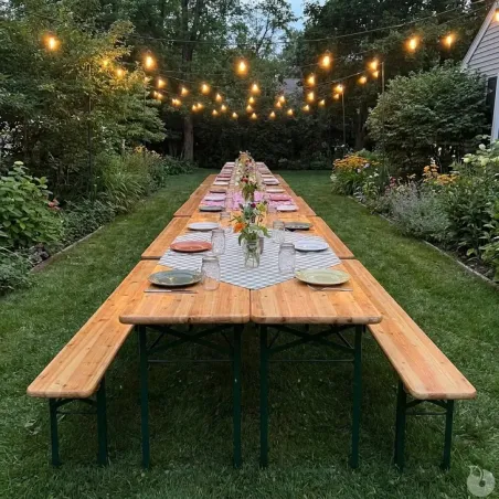 Lot de 2 Tables Extérieure en Pin Massif 177 cm avec 4 Bancs Bois / métal
