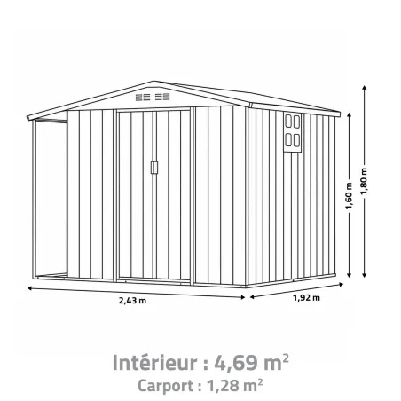Abri de jardin en acier Argence avec carport - 2 portes coulissantes - Hauteur 160 cm