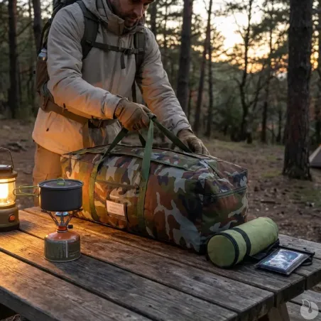 Sac camo 70 l avec Etui étanche Téléphone et Porte Bouteille Isotherme