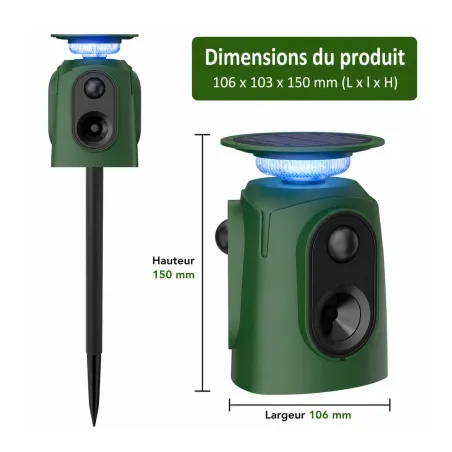 Répulsif Électronique Solaire 360° à Ultrasons et Flash - Étanche IP65