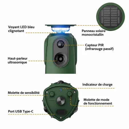 Répulsif Électronique Solaire 360° à Ultrasons et Flash - Étanche IP65