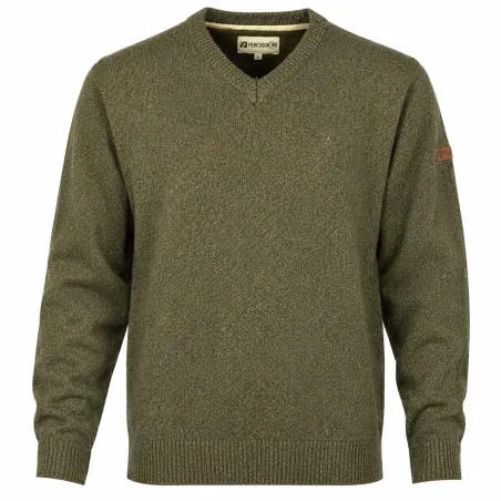 Pull col V kaki 70% acrylique 30% laine - Maille douce mixte