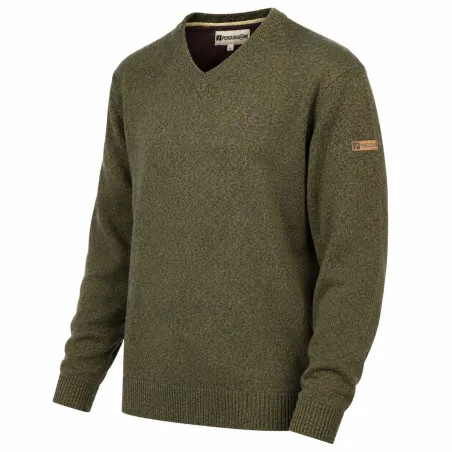 Pull col V kaki 70% acrylique 30% laine - Maille douce mixte