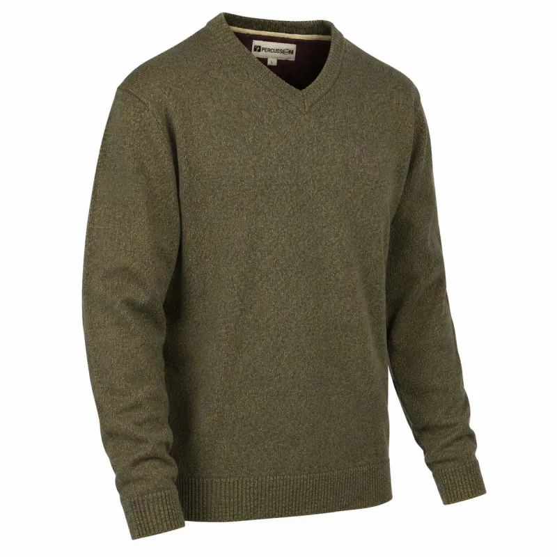 Pull col V kaki 70% acrylique 30% laine - Maille douce mixte