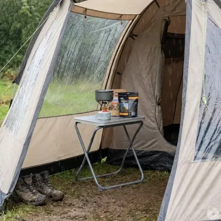 Table de camping pliante en acier gris - Plateau supplémentaire inclus