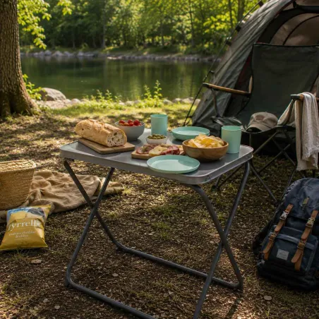 Table de camping pliante en acier gris - Plateau supplémentaire inclus