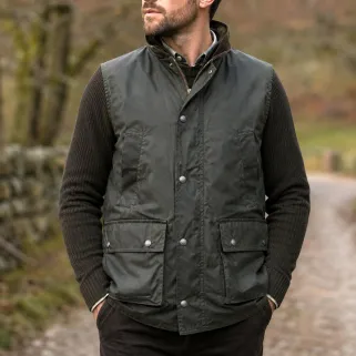 Gilet Winchester Vert Coton Ciré Imperméable 4 Poches Col Velours