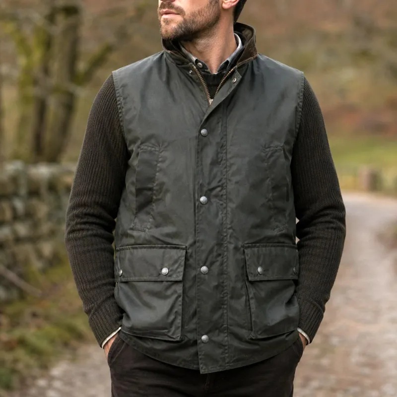 Gilet Winchester Vert Coton Ciré Imperméable 4 Poches Col Velours