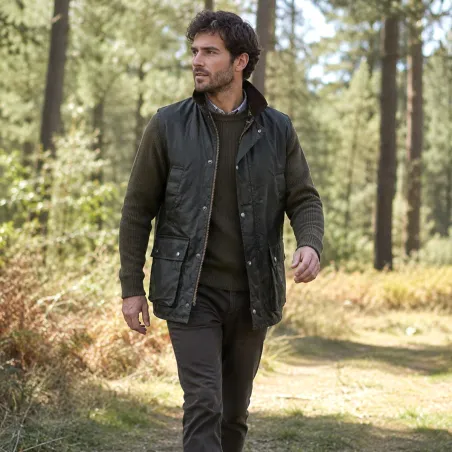 Gilet Winchester Vert Coton Ciré Imperméable 4 Poches Col Velours