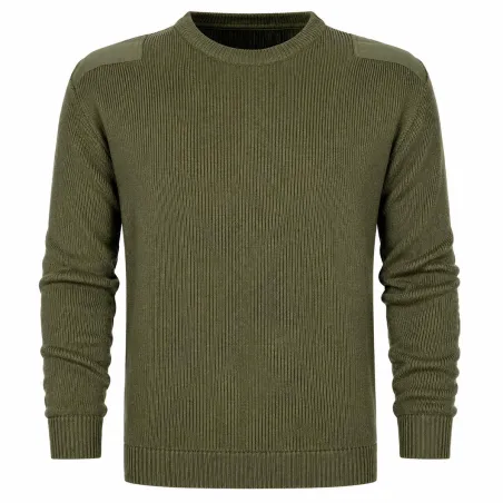 Pull Commando Kaki 100% Acrylique Col Rond Renforts Épaules