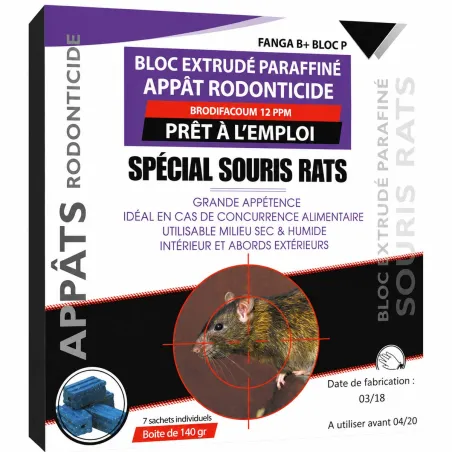 Raticide souricide bloc paraffiné brodifacum 140g