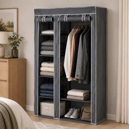 Armoire en tissu 5 étagères grises avec barre de penderie - 100x46x174 cm