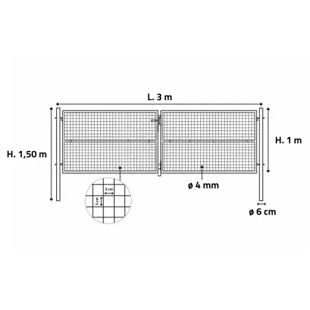 Portail 2 vantaux grillagé 3x1m - Maille 50mm - Vert