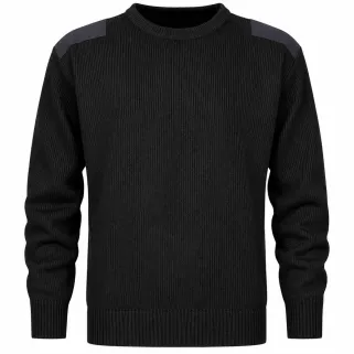 Pull commando noir 100% acrylique col rond renforts épaules coudes