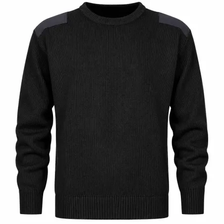 Pull commando noir 100% acrylique col rond renforts épaules coudes