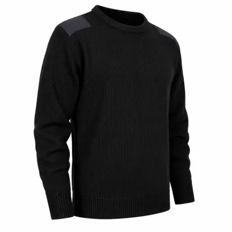 Pull commando noir 100% acrylique col rond renforts épaules coudes