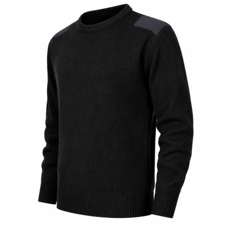 Pull commando noir 100% acrylique col rond renforts épaules coudes