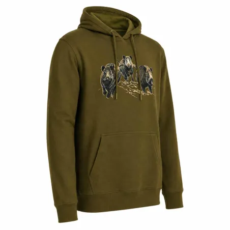 Sweat à capuche 3 sangliers coton polyester kaki M à 3XL