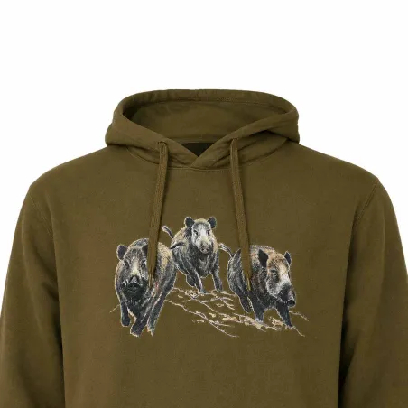 Sweat à capuche 3 sangliers coton polyester kaki M à 3XL
