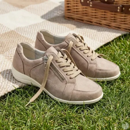 Baskets femme lacet fermeture éclair PU aspect cuir taupe 36 à 41