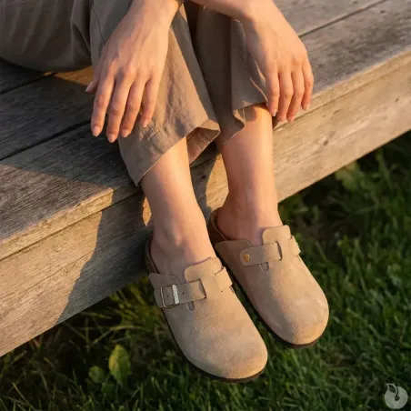 Sabots Pob en Cuir Gris Clair - Femme - Ayoka
