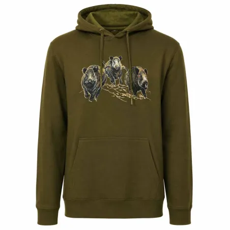 Sweat à capuche 3 sangliers coton polyester kaki M à 3XL
