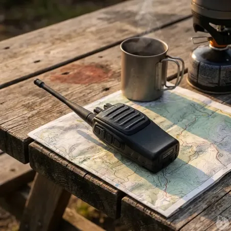 Talkie-walkie TLK1022 posé sur une carte en extérieur