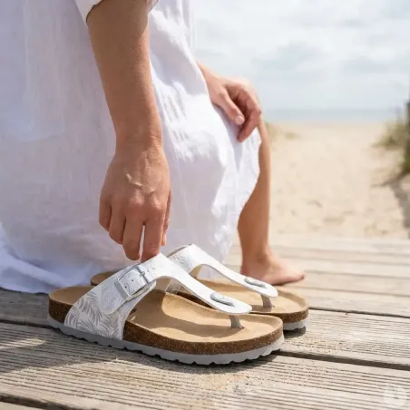 Sandales Palmiers Byal en Cuir Blanc et Argenté - Femme - Ayoka