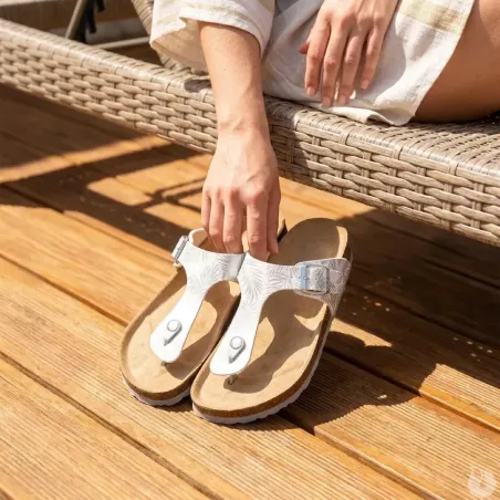 Sandales Palmiers Byal en Cuir Blanc et Argenté - Femme - Ayoka