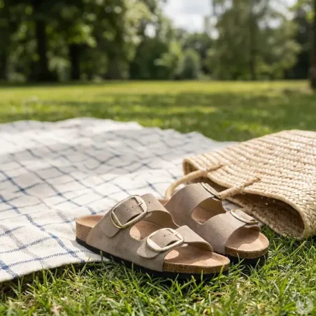 Sandales Femme Taupe en Synthétique - Modèle Confort Bas
