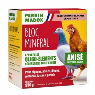 Bloc oligo éléments anis Perrin Madox 950 g pigeons, poules, dindes, pintades, faisans et perdrix