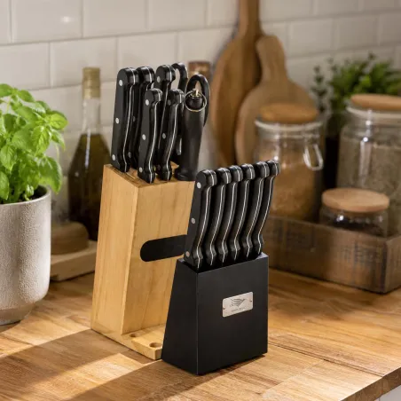 Bloc couteaux steak 15 pièces bois pin acier inox 420 ciseaux