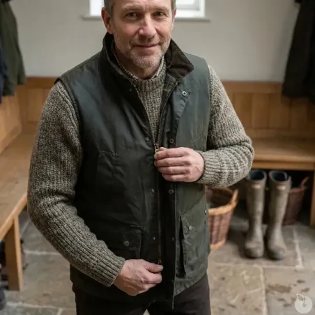 Gilet Winchester Vert Coton Ciré Imperméable 4 Poches Col Velours
