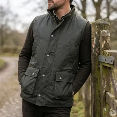 Gilet Winchester Vert Coton Ciré Imperméable 4 Poches Col Velours