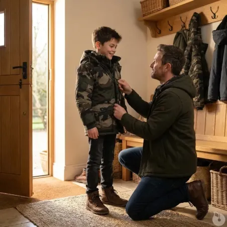 Parka matelassée capuche 4 poches polyester coton camo 6 à 16 ans