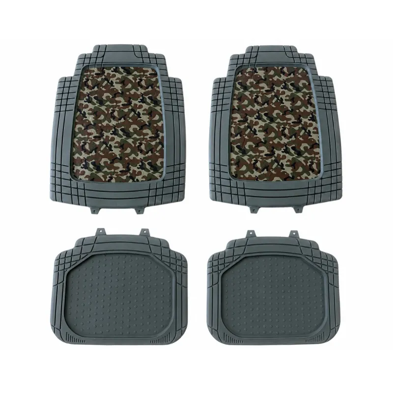 Lot de 4 Tapis de Voiture en Caoutchouc Synthétique - Résistants et Antidérapants - Motif Camo Kaki - 70 x 50 cm