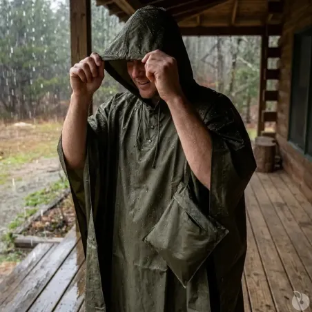 Poncho imperméable polyester enduit kaki taille unique