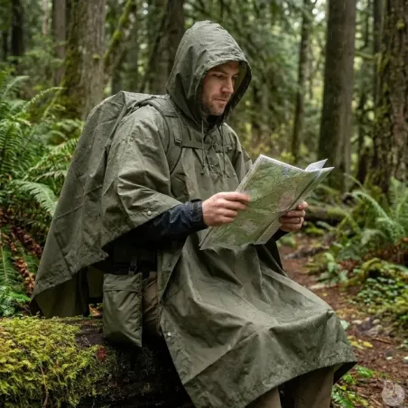 Poncho imperméable polyester enduit kaki taille unique