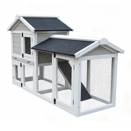 Clapier Lapin Boisparc Blanc & Gris - 147x53x85cm avec Parc Grillagé